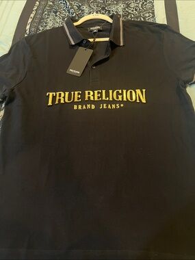 True Religion Black Polo with Gold Embroidered Logo